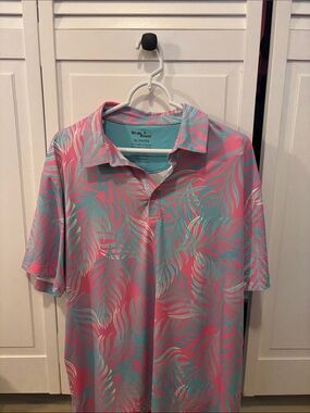 Pink Teal Palm-Print Polo Shirt